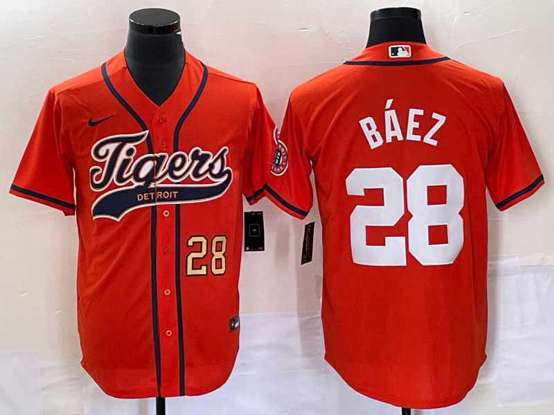 Mens Detroit Tigers #28 Javier Baez Number Orange Cool Base Stitched Baseball Jersey